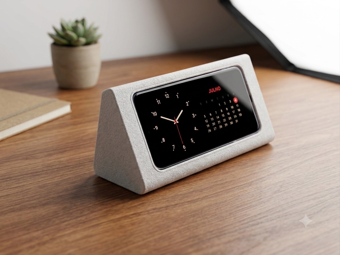 StandDock na mesa — encaixe sob medida, visual limpo, cabos ocultos