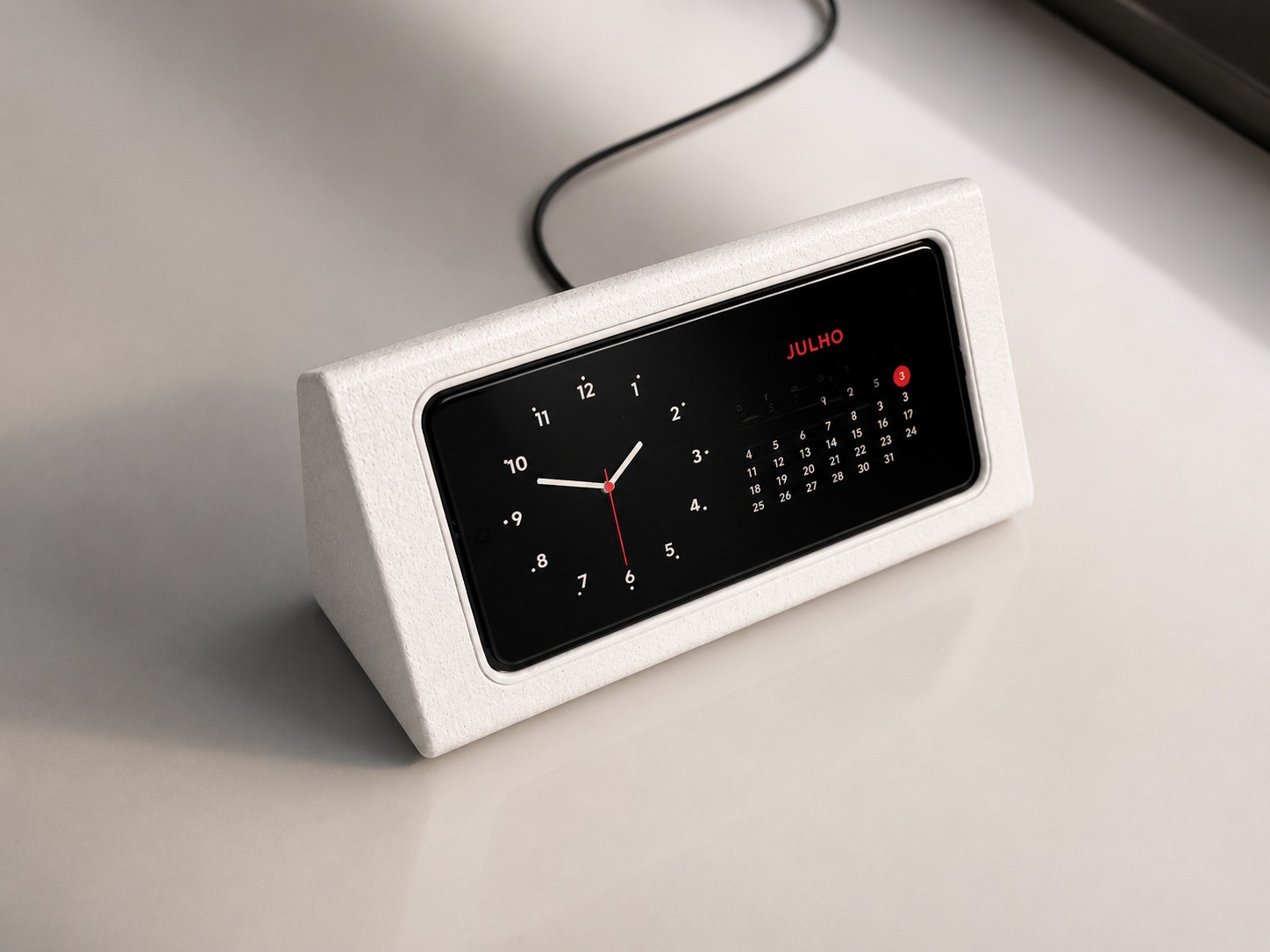 StandDock — dock impresso sob medida com o celular no modo relogio
